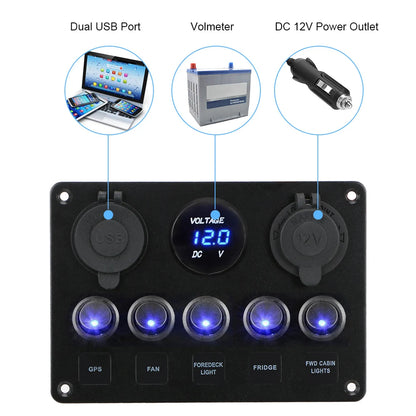 LEEPEE 5 Gang 12V Waterproof Intergrated Switch Panel Digital Voltmeter Dual USB Port For Boat Car Marine LED Rocker Accessories