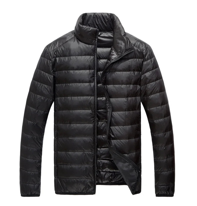Schinteon Men Ultralight White Duck Down Jacket Thin Stand Collar Solid Color Simple Autumn Outwear