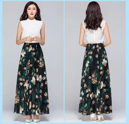 High Waist Skirts Womens Summer 2026 spring Elastic Waist Midi Full Long Skirt Print Mother Dance Skirts Swing Chiffon Skirt
