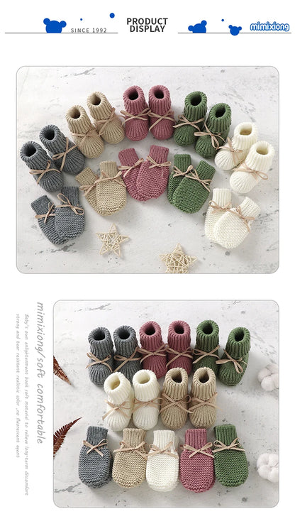 Baby Shoes + Gloves Set Knit Newborn Girls Boys Boots Mitten Fashion Butterfly-knot Toddler Infant Slip-On Bed Shoes Hand Made