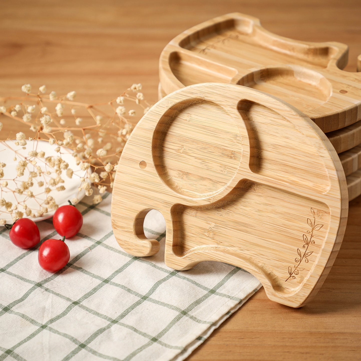 Wooden Baby Feeding Bowl Cartoon Elephant Clouds Bamboo Kids Feeding Dinnerware With Silicone Suction Cup Anti-hot Tableware