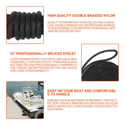 1PC/3PCS Black Double Braid Nylon Dockline Dock Line Mooring boat Rope Anchoring Docking Rope length 16.5feet 25feet 50feet