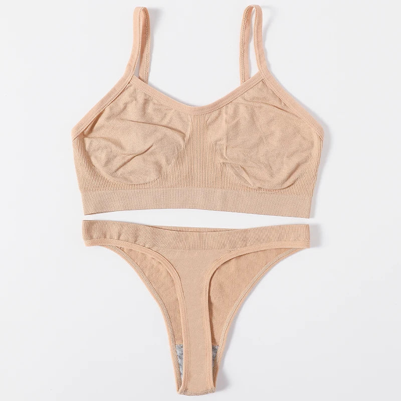 Women Seamless Bra And Panties Set Wire Free Bralette High Leg Cut Thongs Comfort Ribbed Unlined Underwear Sexy Lingerie Set