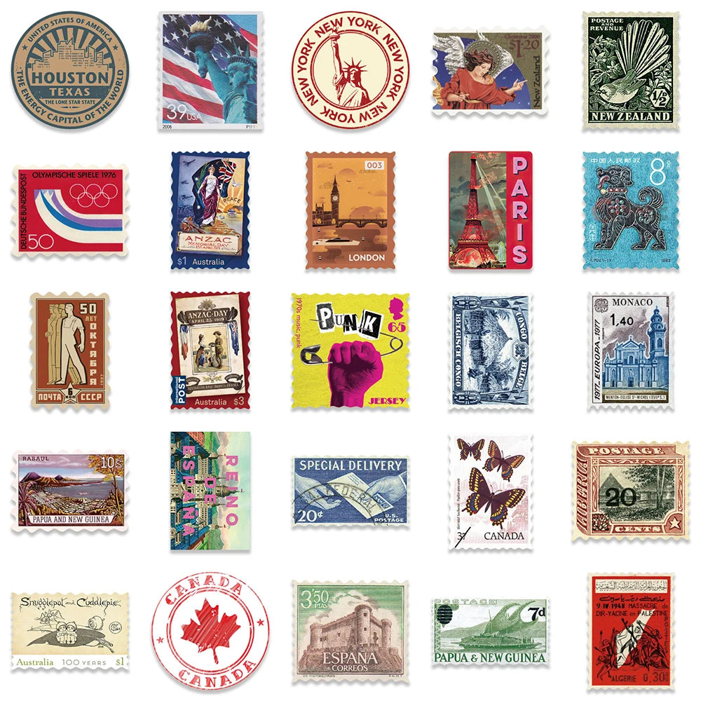 10/30/50pcs Vintage Retro Travel Stamp Stickers Scrapbook Phone Laptop Guitar Stationery DIY Waterproof Sticker Decals Kids Toy