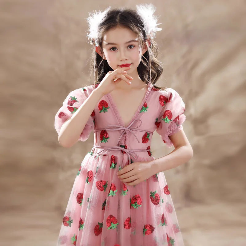 Girls Sequins Strawberry Pink Dresses Kids Dance Show Gowns Teen Girl Wedding Bridal Clothes Teenagers First Communion Dresses