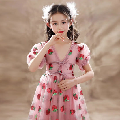 Girls Sequins Strawberry Pink Dresses Kids Dance Show Gowns Teen Girl Wedding Bridal Clothes Teenagers First Communion Dresses