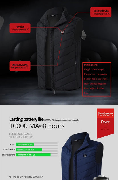 Men USB Infrared 17 Heating Areas Vest Jacket Men Winter Electric Heated Vest Waistcoat For Sports Hiking Oversized 5XL