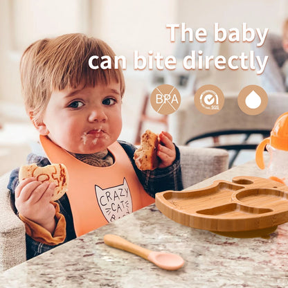 Wooden Baby Feeding Bowl Cartoon Elephant Clouds Bamboo Kids Feeding Dinnerware With Silicone Suction Cup Anti-hot Tableware