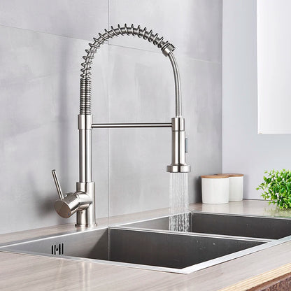 Kitchen Faucets Brush Brass Faucets for Kitchen Sink Single Lever Pull Out Spring Spout Mixers Tap Hot Cold Water Crane