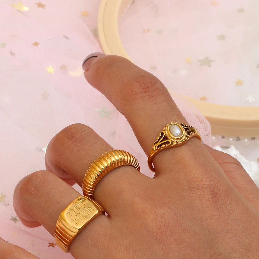 E.B.belle Thin 18K Gold Plated Hollow Texture Natural Freshwater Pearl Rings For Women Stainless Steel Tarnish Free Gold Ring