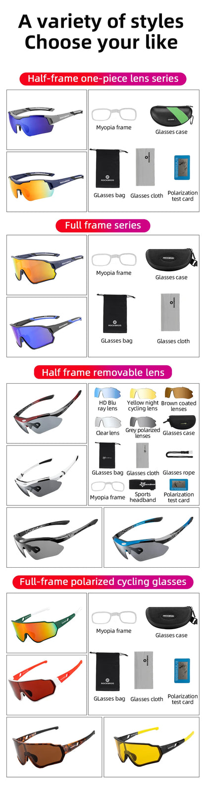 ROCKBROS Polarized Cycling Glasses Bike Polarized Glasses Outdoor Sports MTB Bicycle Sunglasses Goggles Eyewear Myopia Frame