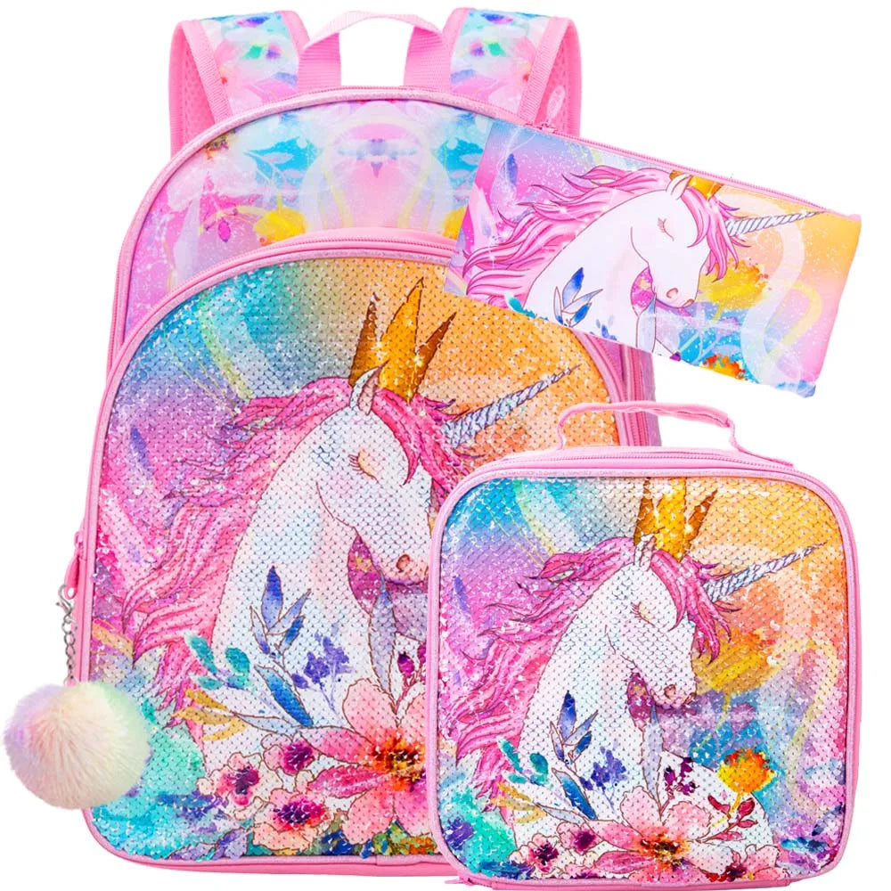 3PCS Unicorn Backpack for Girls, 16”Kids Sequin Bookbag with Lunch Box, School Bag for Elementary Toddler