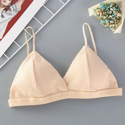 Women Cotton Push-Up Bra Ribbed Triangle Cup Bralette Wire-Free Bras Ladies Sexy Lingerie Simple Low Back Single Hook Underwear