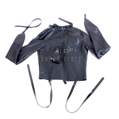 PU Leather Straight Jacket Bondage Women's Sexy Lingerie Open Crotch Straight Jacket Body Harness Restraint Armbinder BDSM