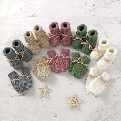 Baby Shoes + Gloves Set Knit Newborn Girls Boys Boots Mitten Fashion Butterfly-knot Toddler Infant Slip-On Bed Shoes Hand Made