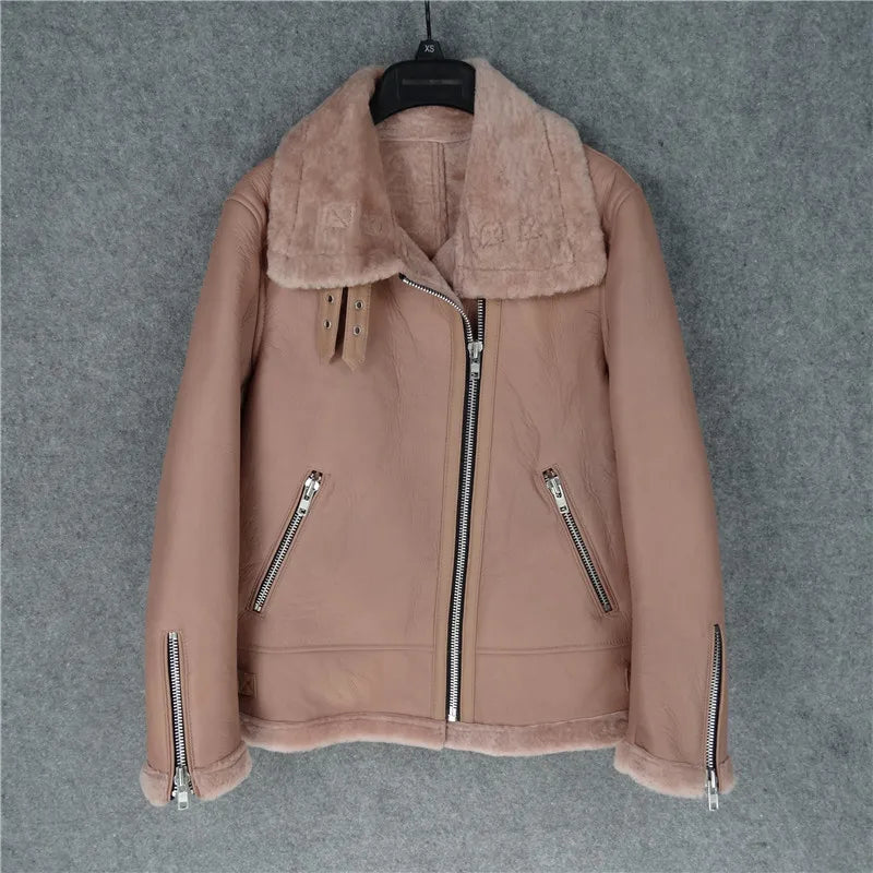 CC SHop Best.Guarantee Genuine leather jacket with fur.Winter warm women 100% shearling coat.Street sheepskin with wool jackets