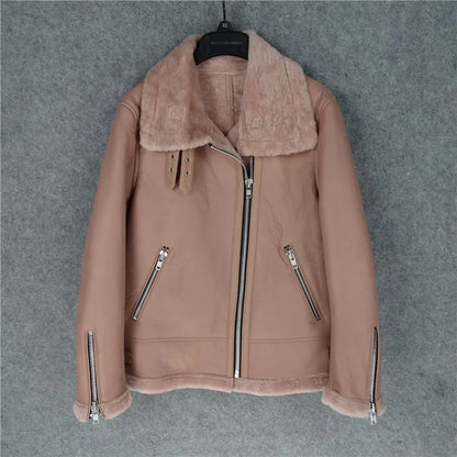 CC SHop Best.Guarantee Genuine leather jacket with fur.Winter warm women 100% shearling coat.Street sheepskin with wool jackets