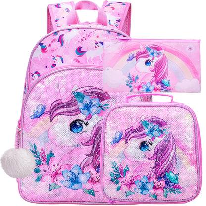 3PCS Unicorn Backpack for Girls, 16”Kids Sequin Bookbag with Lunch Box, School Bag for Elementary Toddler