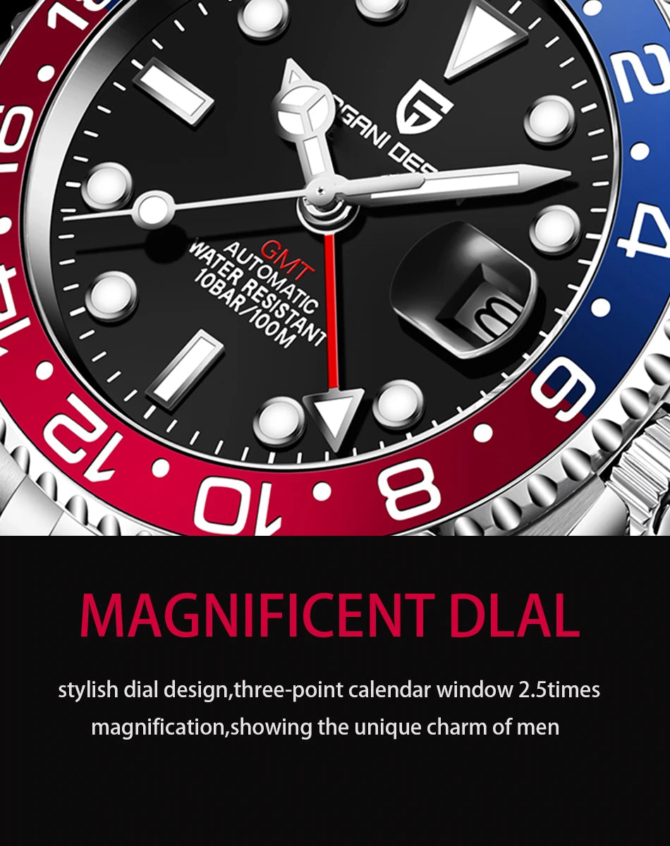 PAGANI DESIGN 2026 40MM Luxury Men GMT Automatic Machinery Watch Ceramic Bezel Jubilee Strap Sapphire Waterproof Watches for men