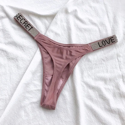 Low Waist Sexy Women Thongs Panties Rhinestones letter Diamonds G String Sports Thong Shorts Briefs T-back Fitness Size S-XL
