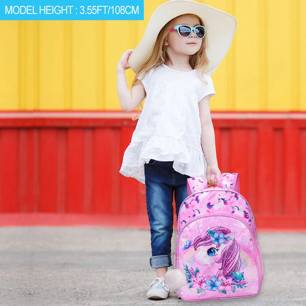 3PCS Unicorn Backpack for Girls, 16”Kids Sequin Bookbag with Lunch Box, School Bag for Elementary Toddler