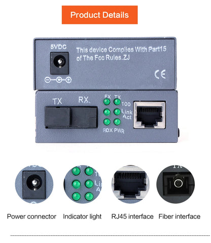 1 Pair HTB-GS-03 A/B Gigabit Fiber Optical Media Converter 1000Mbps Single Mode Single Fiber SC Port 20KM External Power Supply
