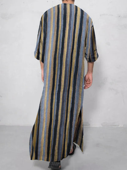 New Men Islam Qamis Muslim Striped Robes Long Sleeve Button-down Arabian Kaftan Suit Middle East Dubai Abaya Summer Man Clothing