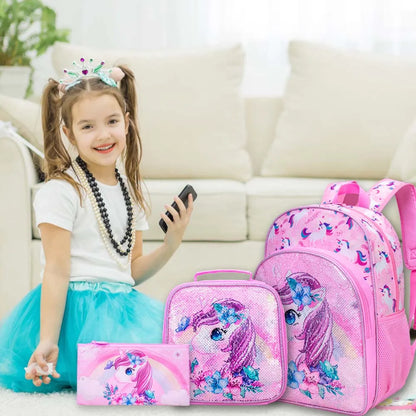3PCS Unicorn Backpack for Girls, 16”Kids Sequin Bookbag with Lunch Box, School Bag for Elementary Toddler