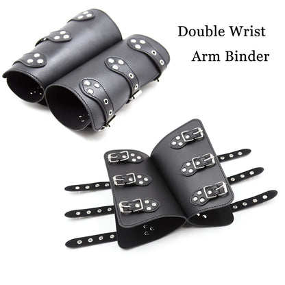 PU Leather Double Wrist Arm Binder Wristband Cuffs String Steampunk Bracers Cosplay Props BDSM Bondage Adult Game Sex Toys