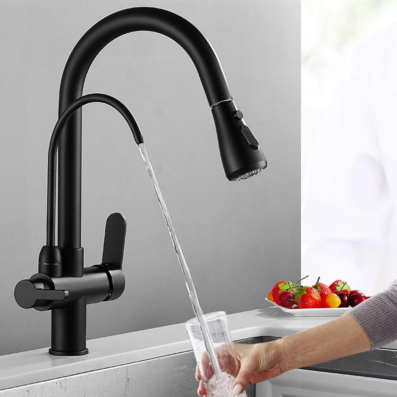 Matte Black Pure Water Kitchen Faucet Dual Handle Hot and Cold Drinking Water Pull Out  Kitchen Mixer Taps