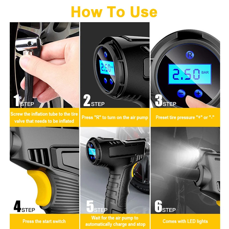 EAFC  Handheld Car Air Compressor 120W Wireless/Wired Inflatable Pump Air Pump Digital Car Tire Inflator Machine for Car Bicycle