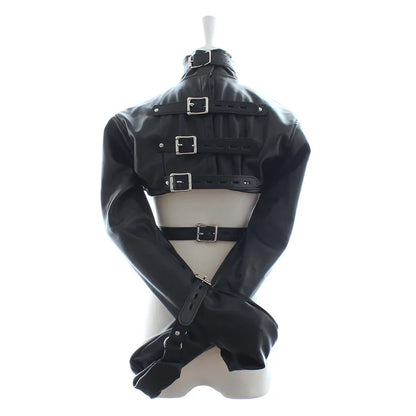 Female BDSM Bondage Breast Exposed  PU Leather Straitjacket Restraint Body Harness Jacket Long Sleeves Play Flirting Women