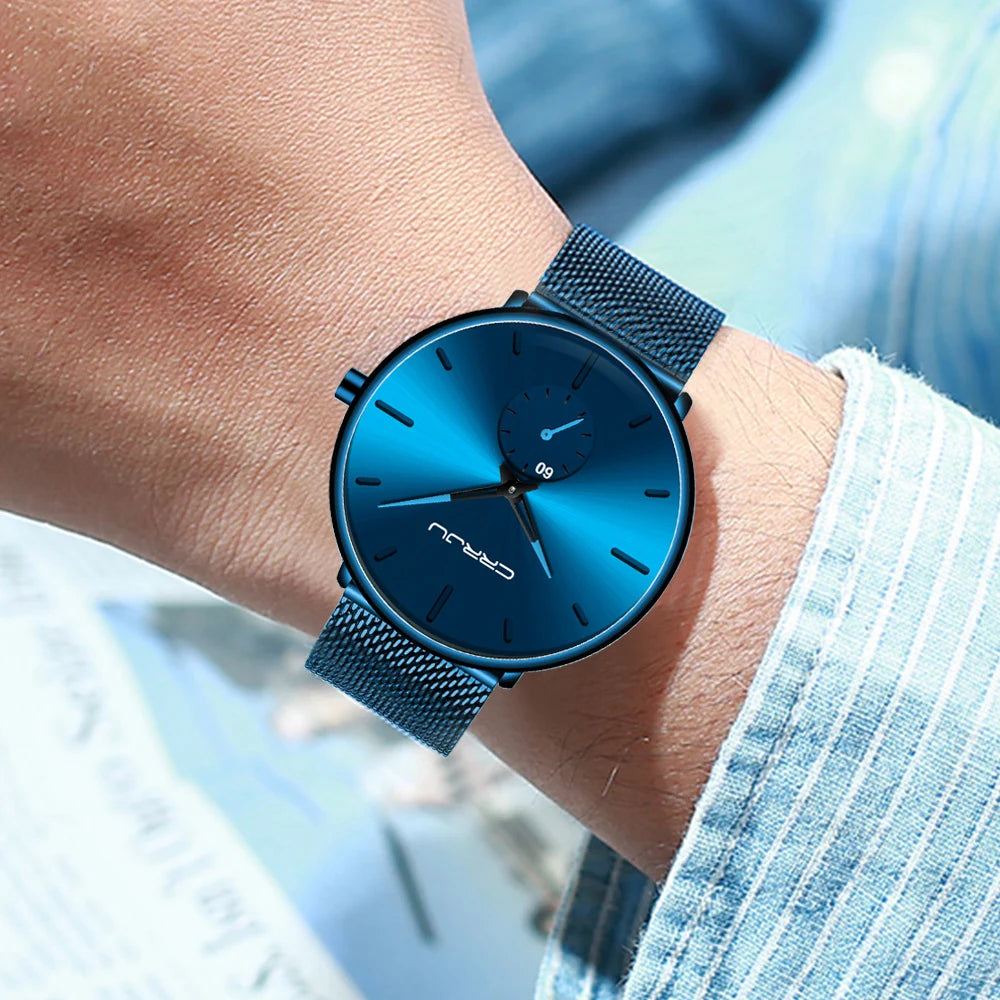 CRRJU New Watches Mens 2019 Man Fashion Simple Stainless Steel Blue Thin Watch For Men Luxury Casual Waterproof Quartz Clock