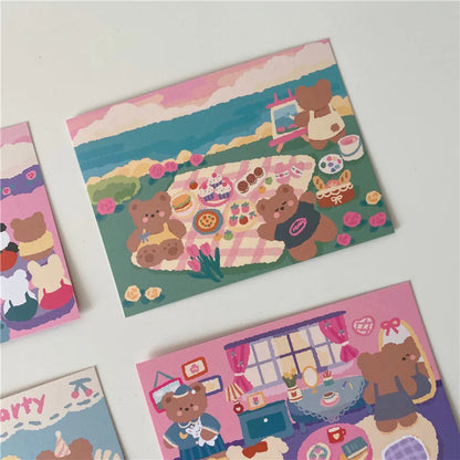 9pcs Cute Bear Birthday Double Sided Decorative Card Pink Background Journal Album Wall Sticker Photo Props Stationery Gift