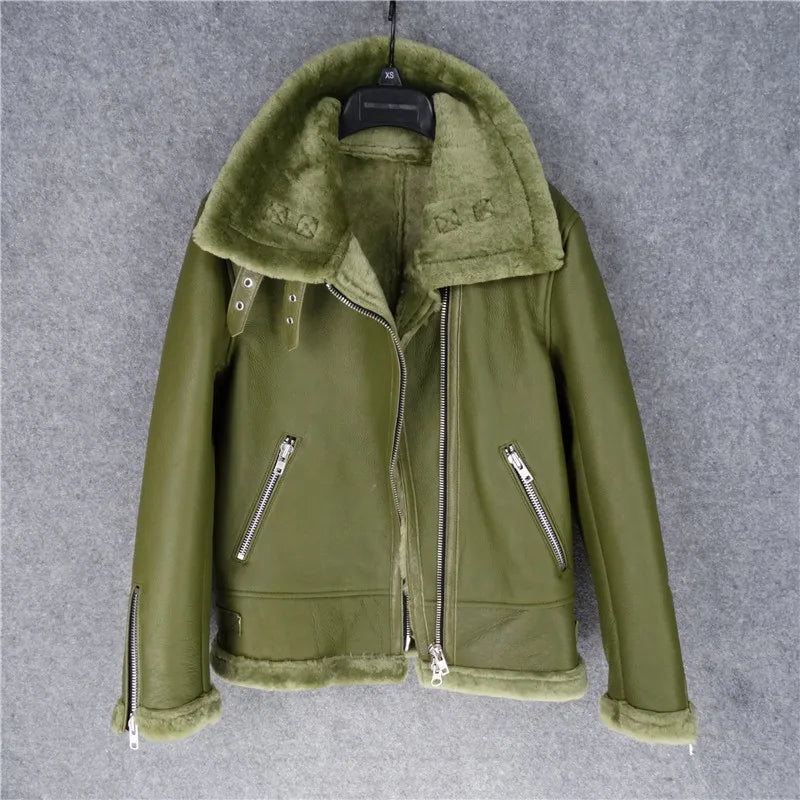 CC SHop Best.Guarantee Genuine leather jacket with fur.Winter warm women 100% shearling coat.Street sheepskin with wool jackets