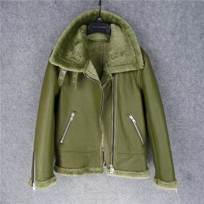 CC SHop Best.Guarantee Genuine leather jacket with fur.Winter warm women 100% shearling coat.Street sheepskin with wool jackets