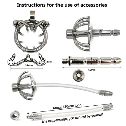 Happygo Stainless Steel Chastity Device with Urethral Catheter and Anti-Shedding Ring,Cock Cage,Penis Ring,S055-2