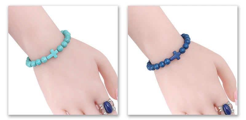 Fashion Jesus Cross Natural Stone Bracelets Charm Blue Pine Stone Black Lava Matte Beaded Bracelets Bangles Women Yoga Jewelry