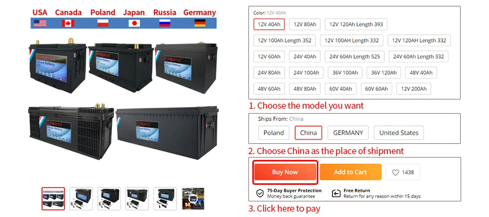 12V/24V LiFePO4 Battery with BMS - 30/50/100/120/135/300Ah for Golf Cart, Solar, RV, EV - Long Lifespan