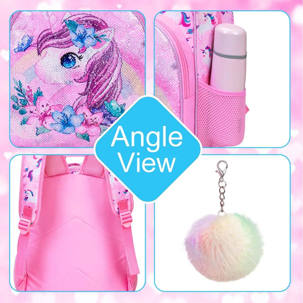 3PCS Unicorn Backpack for Girls, 16”Kids Sequin Bookbag with Lunch Box, School Bag for Elementary Toddler