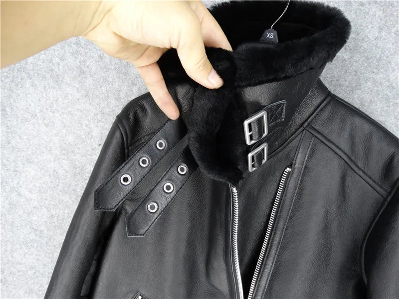 CC SHop Best.Guarantee Genuine leather jacket with fur.Winter warm women 100% shearling coat.Street sheepskin with wool jackets