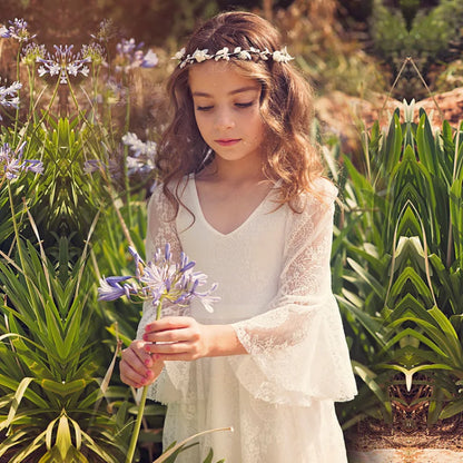 Kids Clothes White Lace Girls Full Sleeve Princess Dress Wedding Fancy Girl Long Dresses Elegant Evening Party Ball Gown 2 to 14