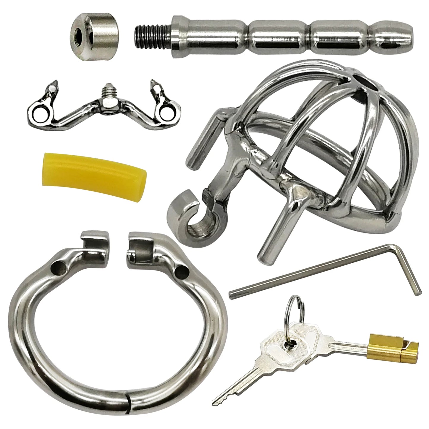 Happygo Stainless Steel Chastity Device with Urethral Catheter and Anti-Shedding Ring,Cock Cage,Penis Ring,S055-2