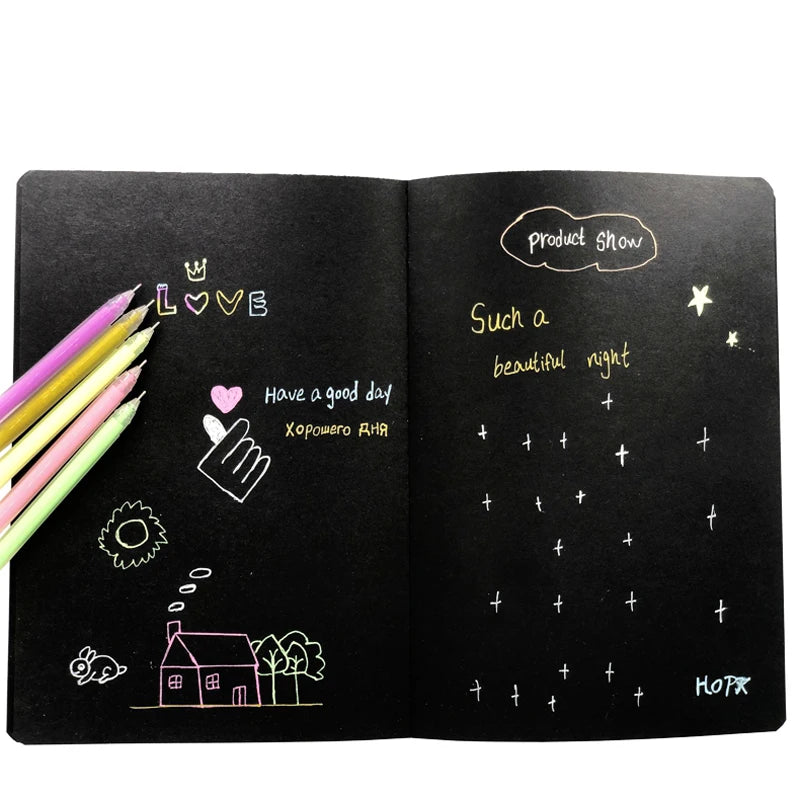 9Pc Pen+1pc Notebook Set 2025 Sketchbook Diary for Graffiti Soft Cover Black Paper Sketch Book Notebook Office School Supplies