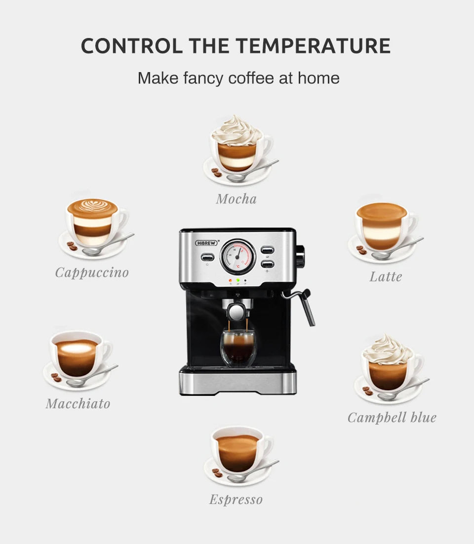 HiBREW Coffee Machine Cafetera 20 Bar Espresso Inox Semi Automatic Expresso Cappuccino Hot Water Steam Temperature Display H5