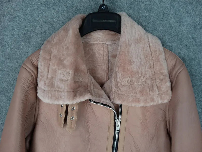 CC SHop Best.Guarantee Genuine leather jacket with fur.Winter warm women 100% shearling coat.Street sheepskin with wool jackets