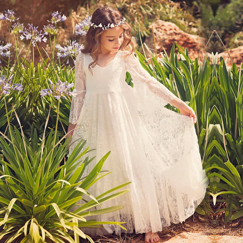 Kids Clothes White Lace Girls Full Sleeve Princess Dress Wedding Fancy Girl Long Dresses Elegant Evening Party Ball Gown 2 to 14