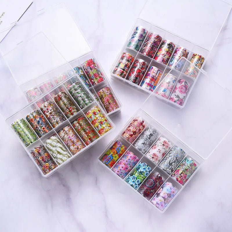 10 Patterns New Metal Nail Foils for Transfer Paper Stickers Floral Chameleon Nails Wraps DIY Water Marble Nail Art Decorations