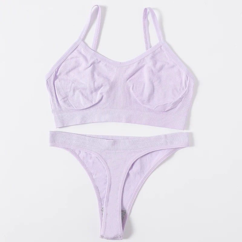 Women Seamless Bra And Panties Set Wire Free Bralette High Leg Cut Thongs Comfort Ribbed Unlined Underwear Sexy Lingerie Set