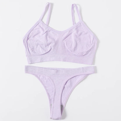 Women Seamless Bra And Panties Set Wire Free Bralette High Leg Cut Thongs Comfort Ribbed Unlined Underwear Sexy Lingerie Set